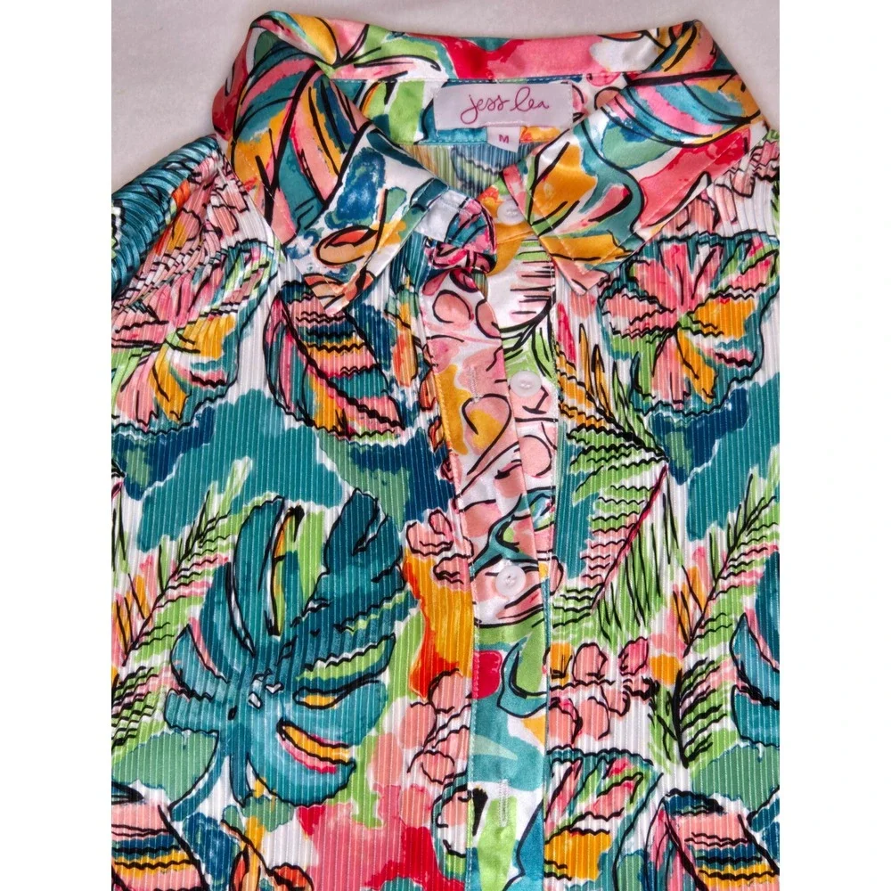 Jess Lea Tropical Floral Pleated Two Piece Set Shirt and Shorts Teal Pink Medium